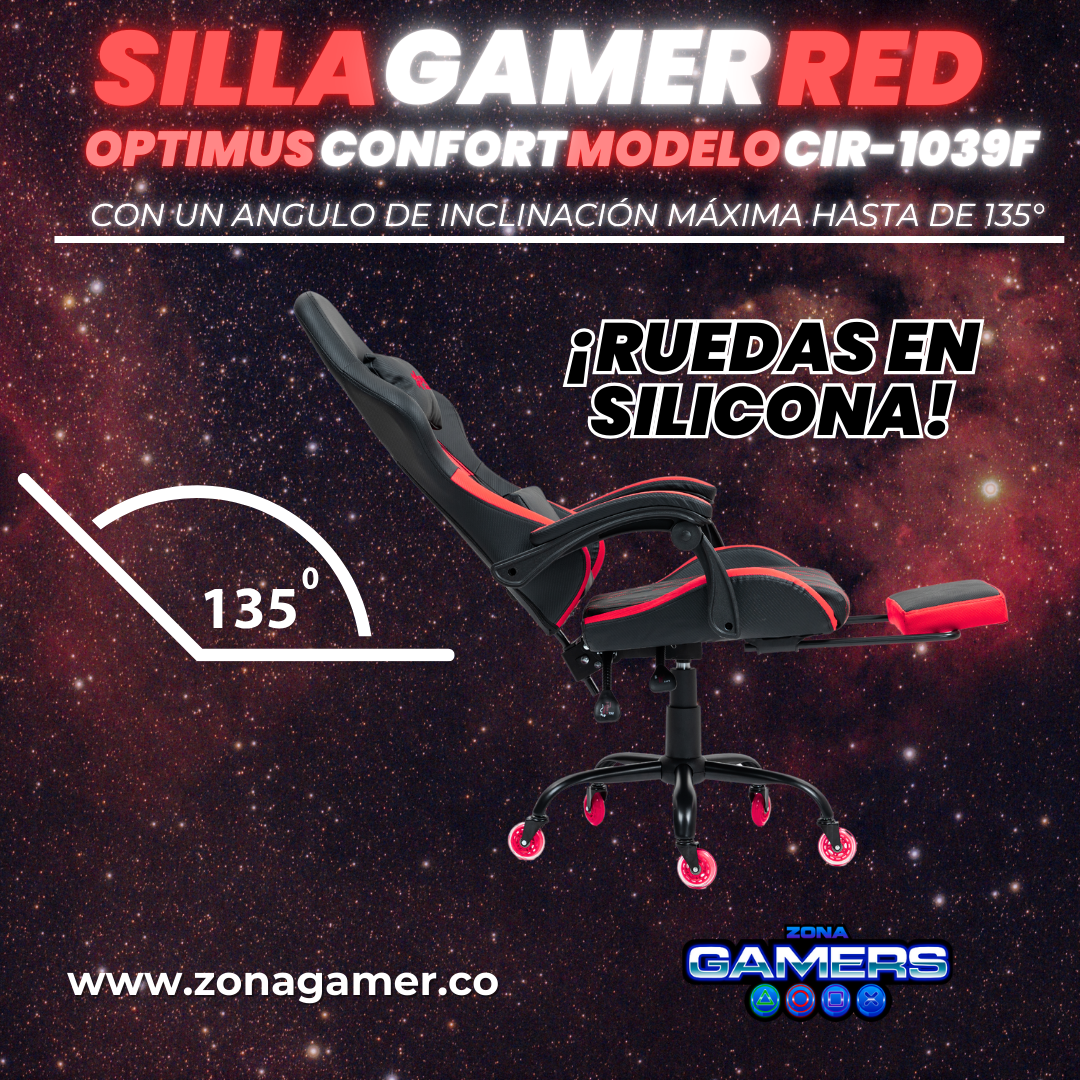 Silla Gamer CIR-1039F Red con reposapiés y ruedas en silicona