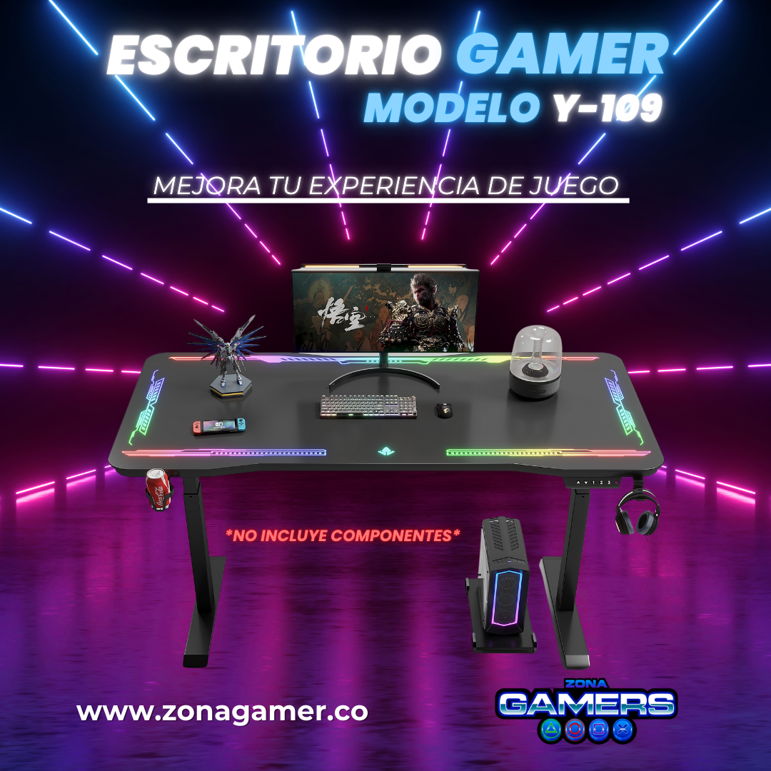 Escritorio Gamer Y-109, Con motor eléctrico, vidrio templado y luces RGB
