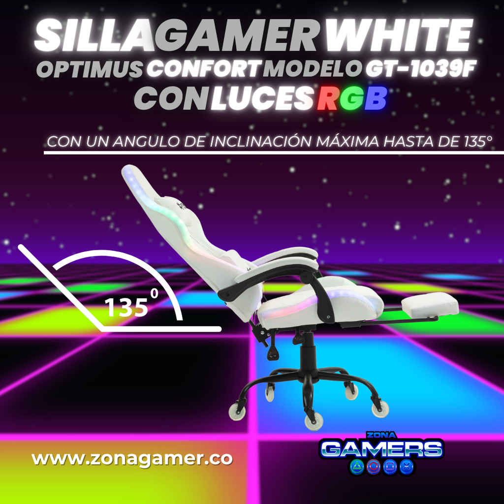 Silla gamer GT-1039F White con luces RGB + reposapiés y ruedas en silicona