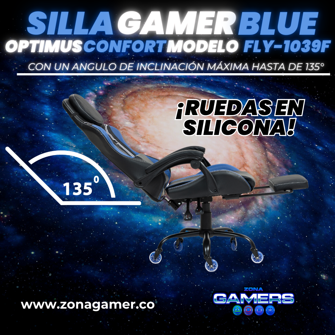 Silla Gamer Fly-1039F Blue con reposapiés y ruedas en silicona
