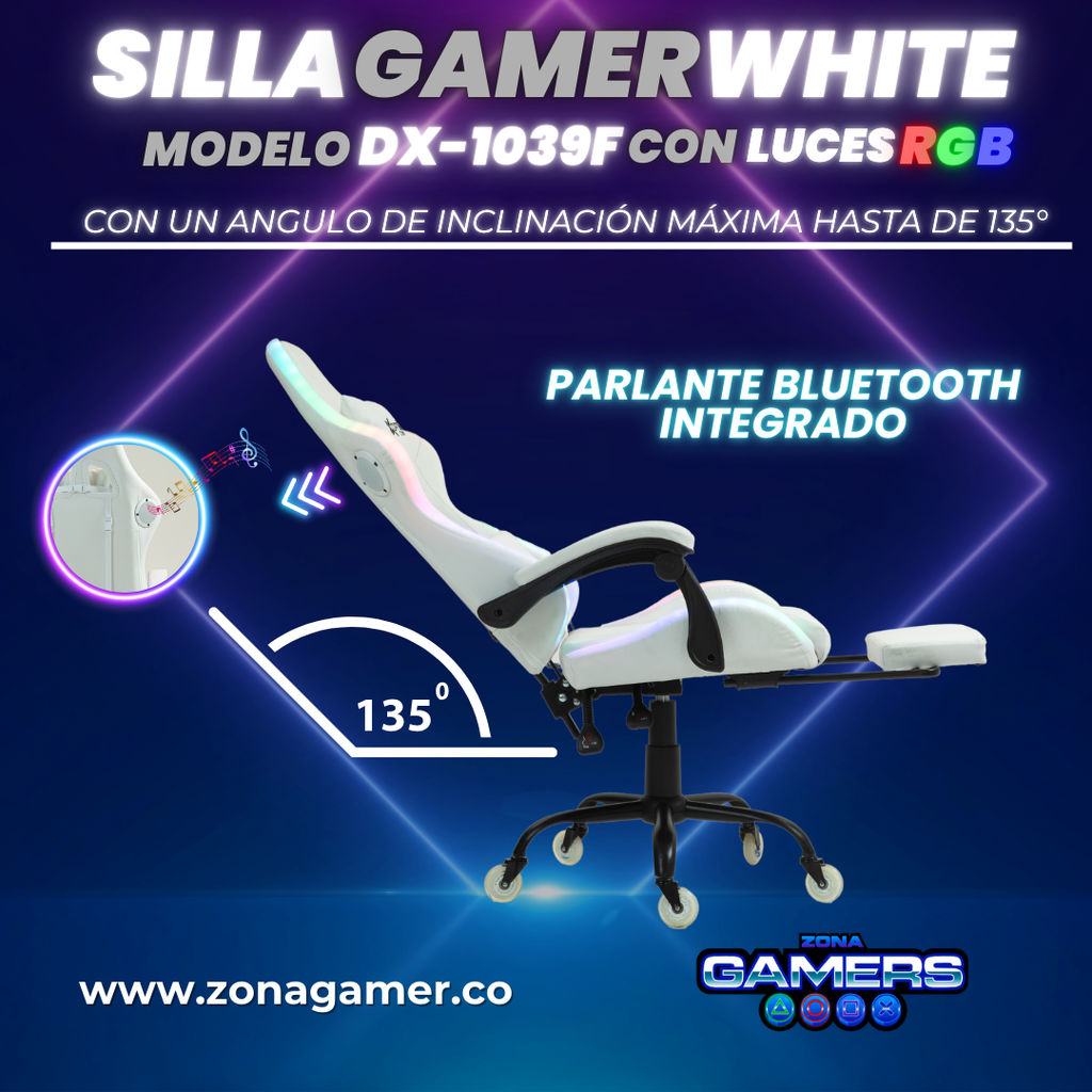 Silla gamer DX-1039F White con luces RGB + Parlantes + reposapiés y ruedas en silicona