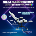 Silla gamer DX-1039F White con luces RGB + Parlantes + reposapiés y ruedas en silicona