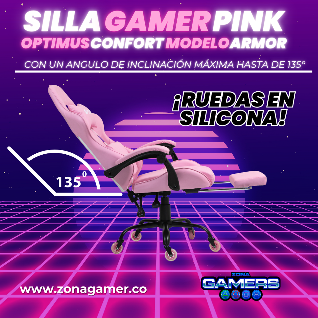 Silla Gamer ARMOR-1127F Pink con reposapiés y ruedas en silicona