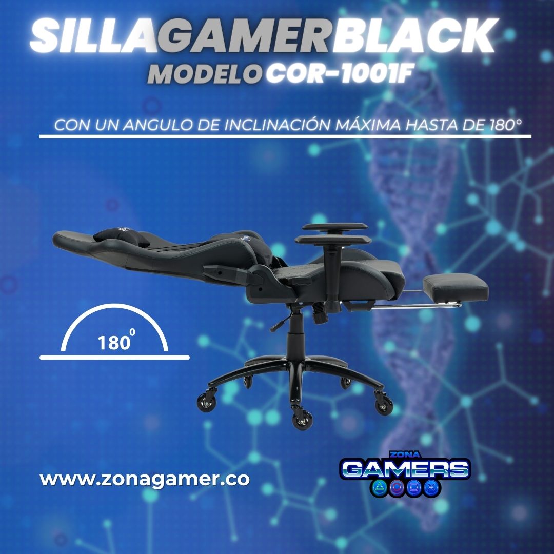 Silla Gamer COR-1001F Black con reposapiés + Ruedas en Silicona