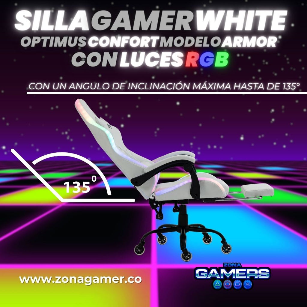 Silla gamer Armor White con luces RGB + reposapies y ruedas en silicona