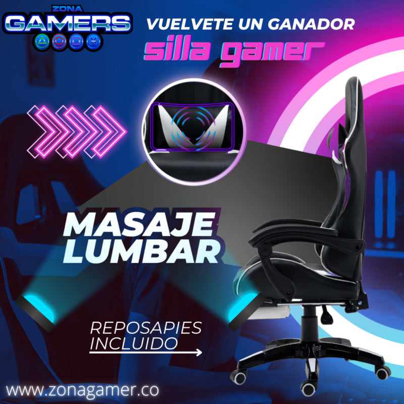 Silla Gamer AQ-1039F White con Masajeador Lumbar y Reposapies incluido