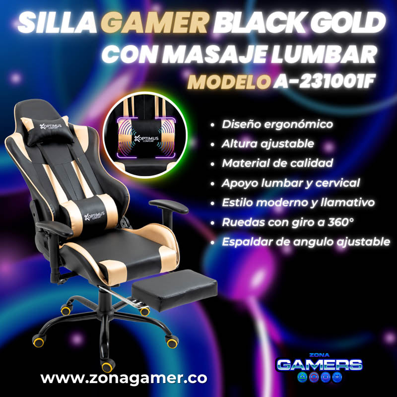 Silla Gamer A231001F Black Gold con masajeador lumbar y reposapies incluido