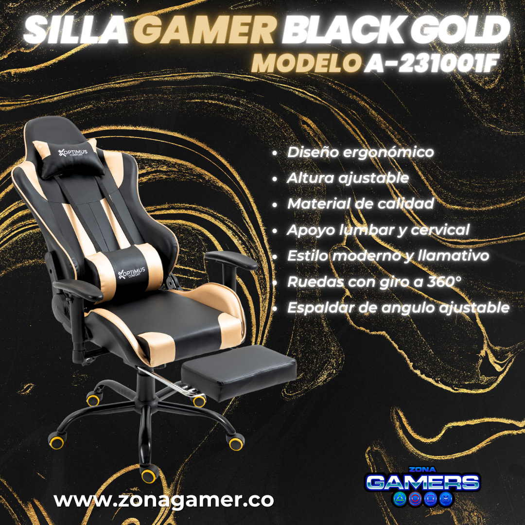 Silla Gamer A231001F Black Gold con reposapies