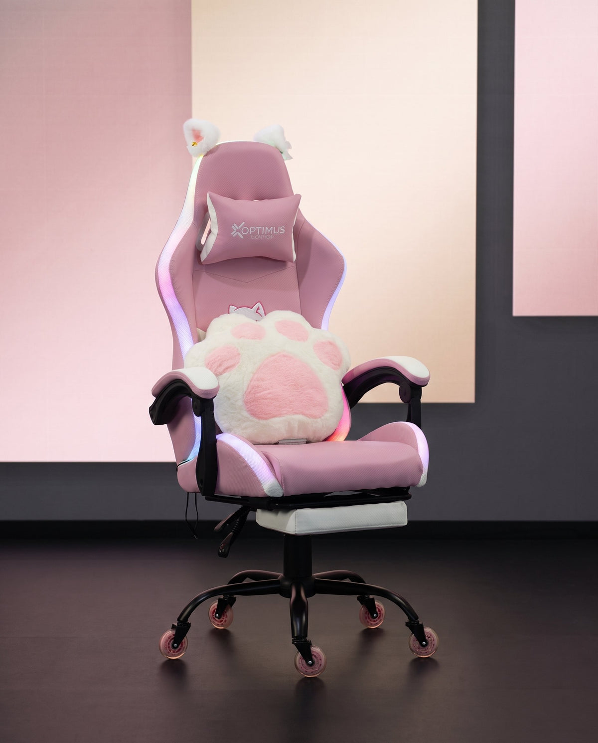 Silla Gamer Cat-1039F + RGB Pink-White con reposapiés y ruedas en silicona. · set-2k · 55-cat-1039f-pink-white-02-contraste.jpg
