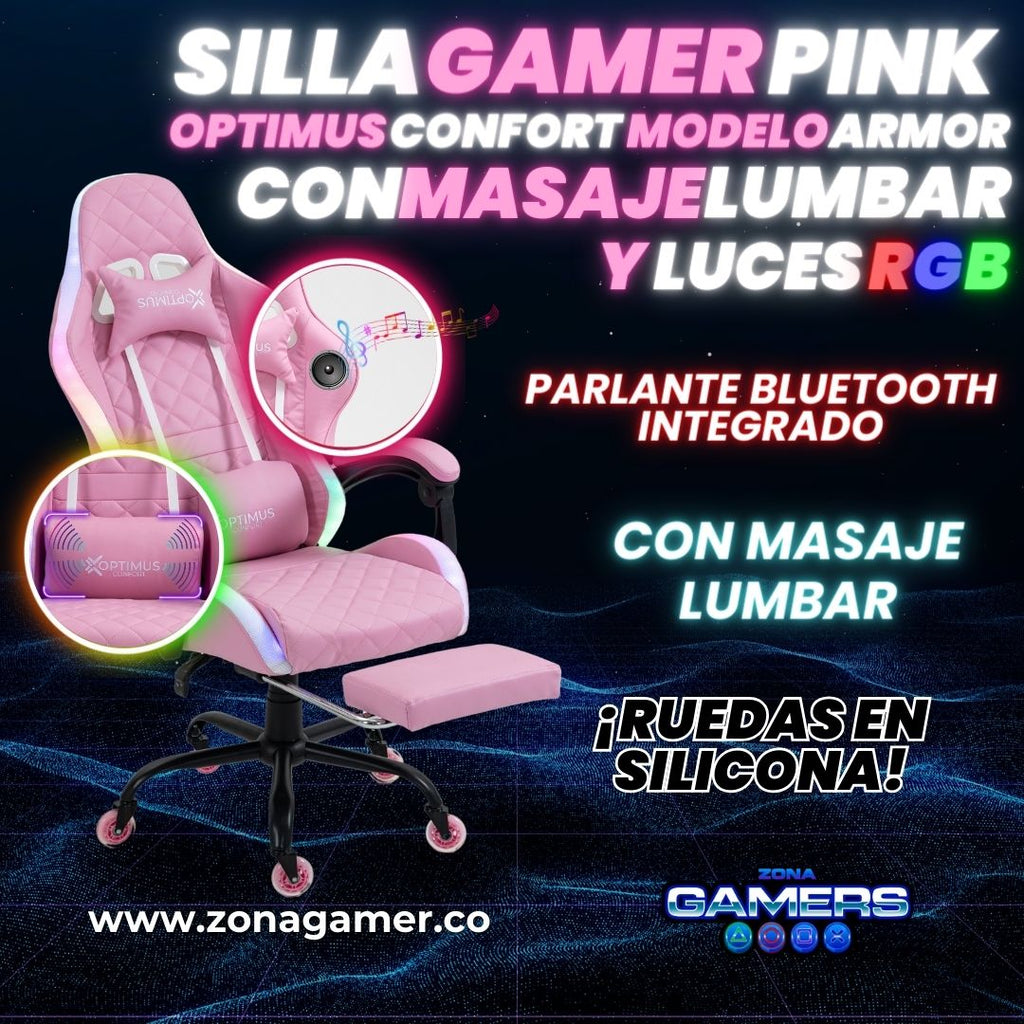 Silla Gamer Optimus Confort Armor RGB Pink con masajeador lumbar y parlante bluetooth