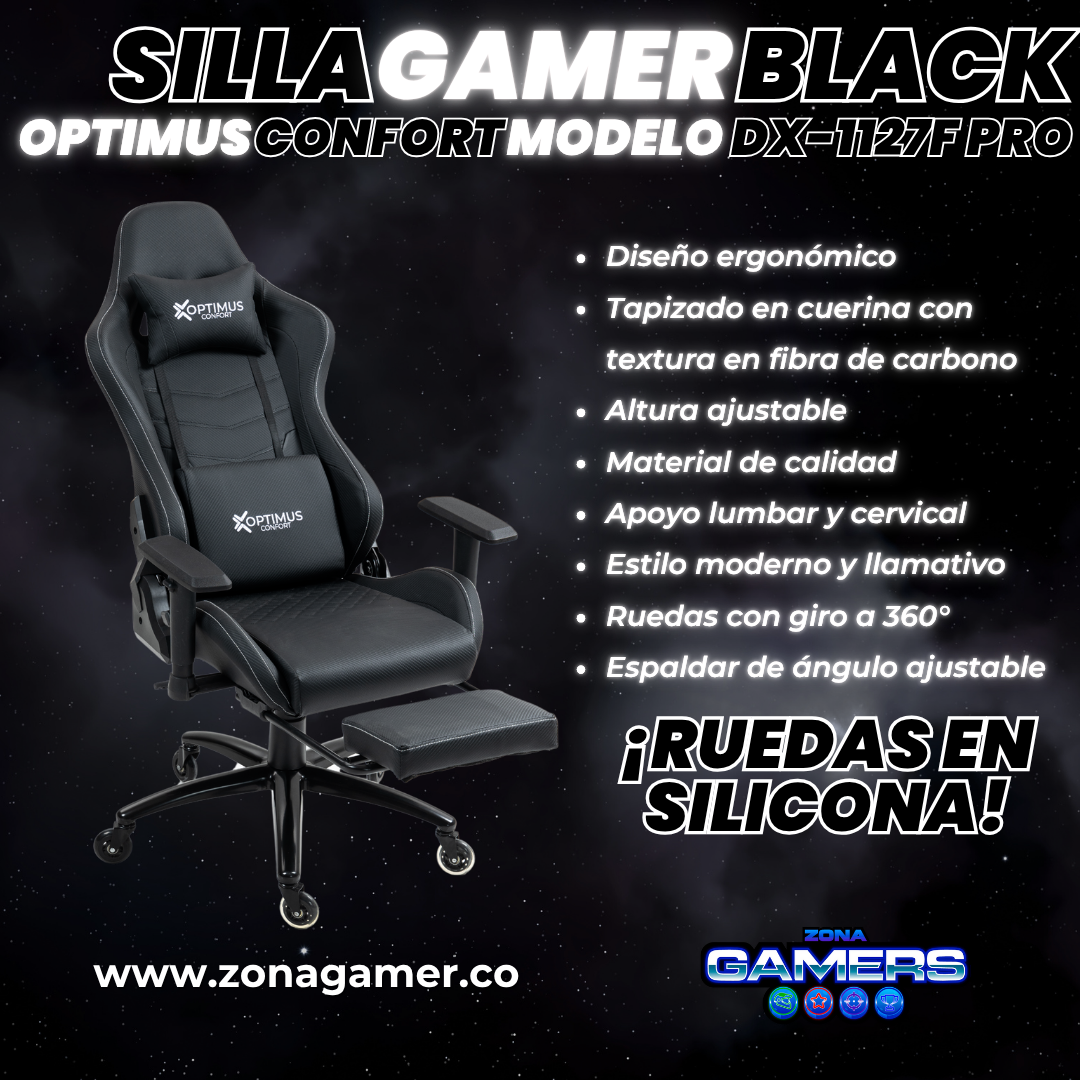 Silla Gamer DX-1127F PRO Black con reposapiés y ruedas en silicona