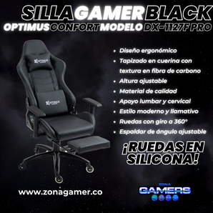 Silla Gamer DX-1127F PRO Black con reposapiés y ruedas en silicona