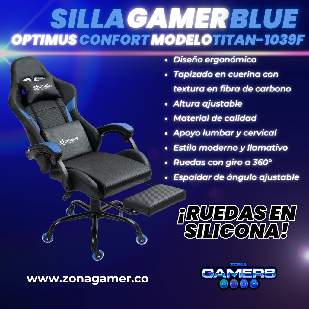 Silla Gamer Titan-1039F Blue con reposapiés y ruedas en silicona