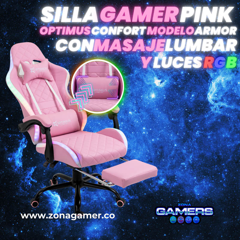 Silla Gamer Optimus Confort Armor RGB Pink con masajeador lumbar y reposapiés incluido