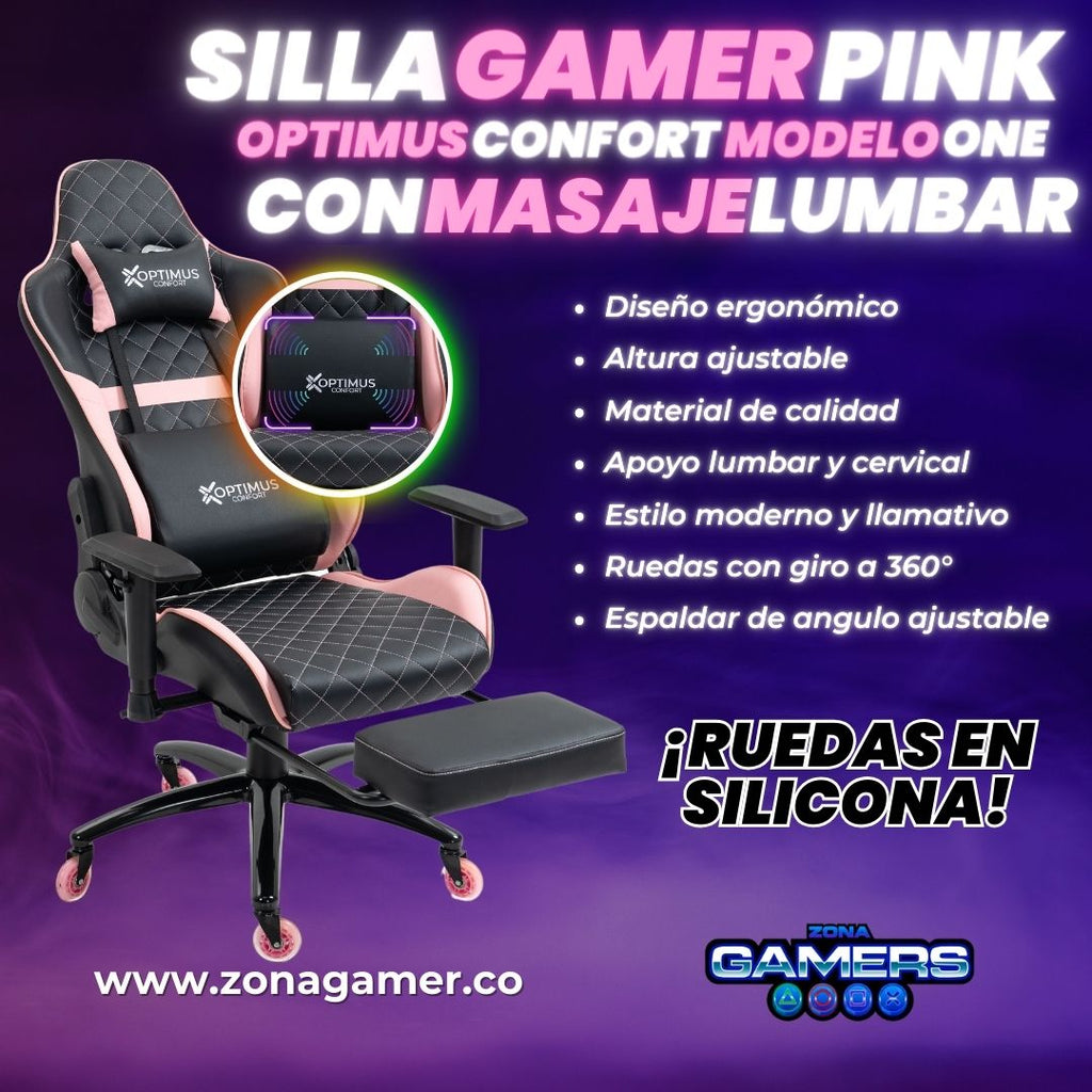 Silla Gamer ONE -1127F + masajeador lumbar con reposapiés incluido y ruedas en silicona