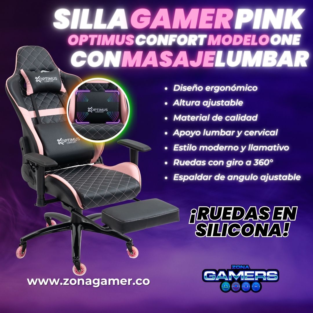Silla Gamer ONE -1127F + masajeador lumbar con reposapiés incluido y ruedas en silicona