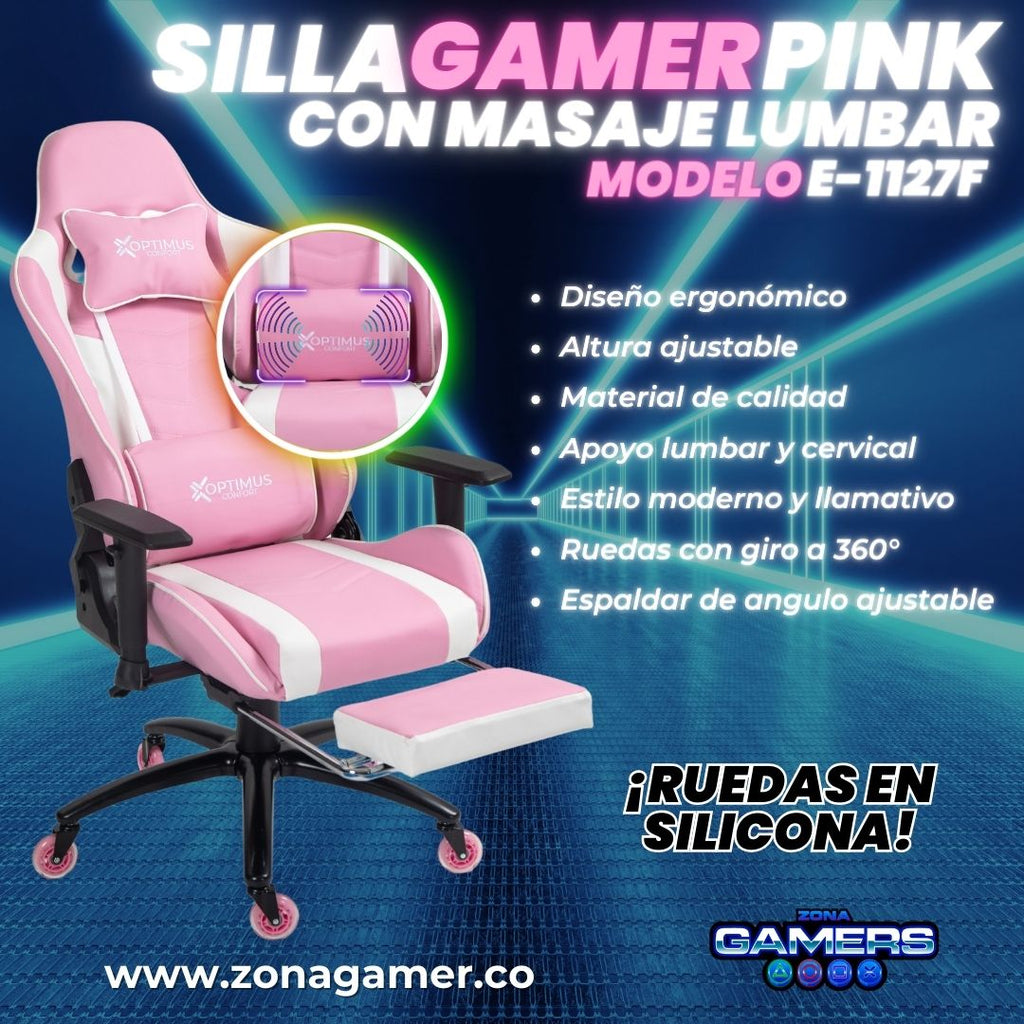 Silla Gamer E-1127F Pink + masajeador lumbar con reposapiés incluido y ruedas en silicona