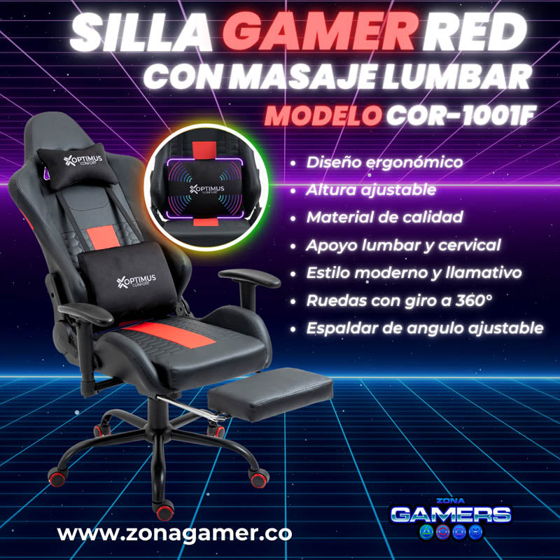 Silla Gamer COR-1001F Red con masajeador lumbar y reposapiés incluido