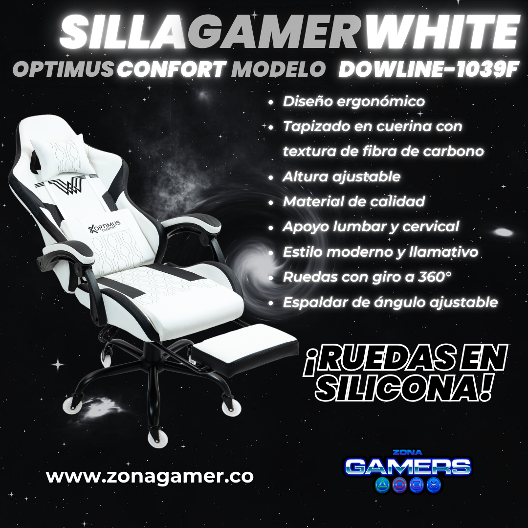 Silla Gamer DOWLINE-1039F White con reposapiés y ruedas en silicona