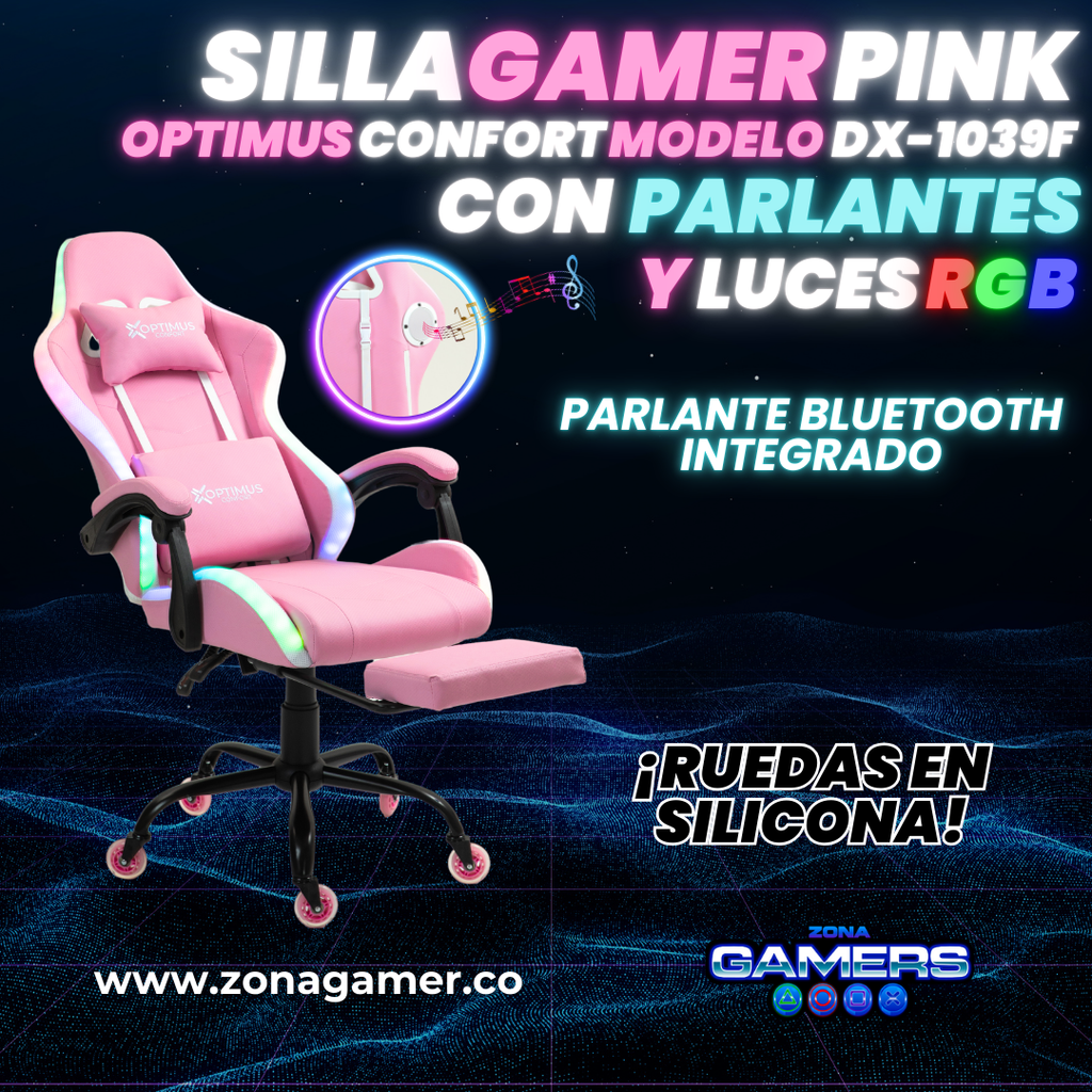 Silla gamer DX-1039F Pink con luces RGB + Parlantes + reposapiés y ruedas en silicona