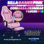 Silla Gamer Armor RGB Pink + masajeador lumbar con reposapiés incluido y ruedas en silicona