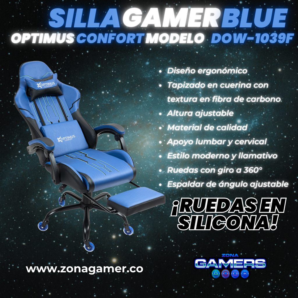 Silla Gamer DOW-1039F Blue con reposapiés y ruedas en silicona