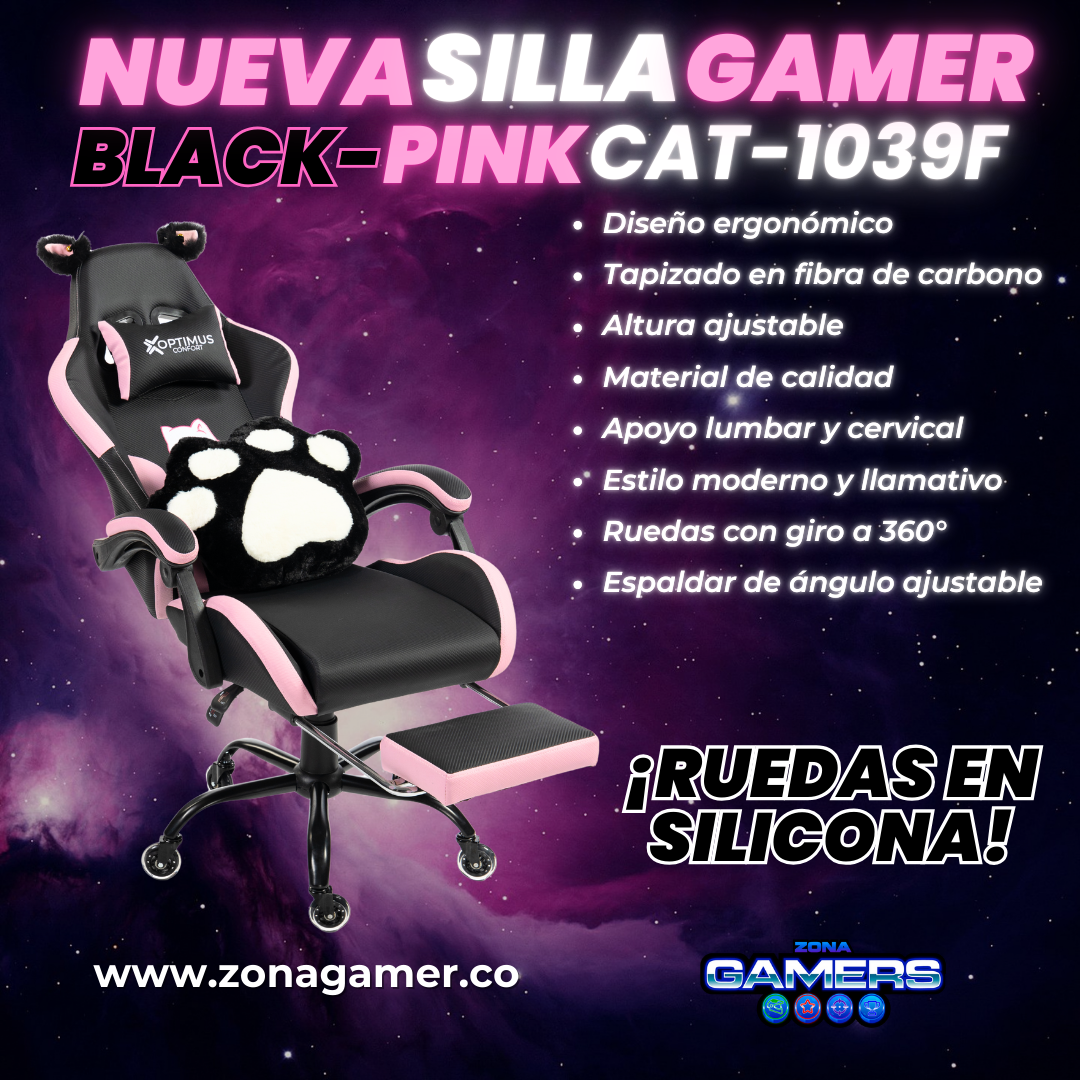 Silla Gamer Cat-1039F Black-Pink con reposapiés y ruedas en silicona