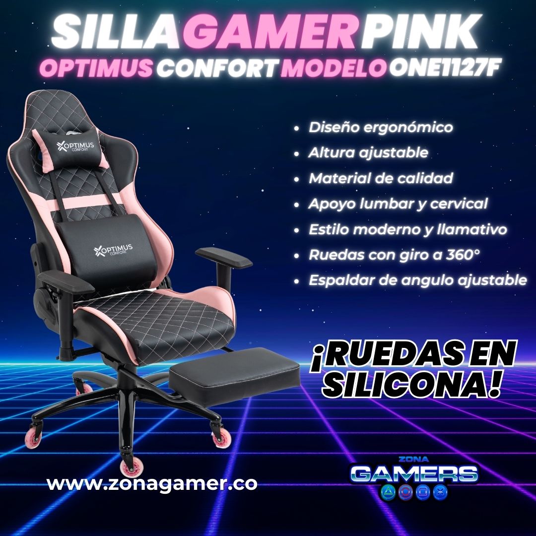 Silla gamer ONE -1127F Pink  + reposapiés y ruedas en silicona