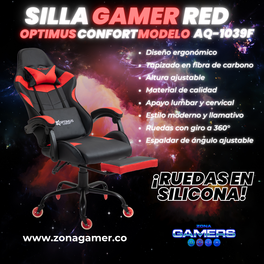 Silla Gamer AQ-1039F Red con reposapiés y ruedas en silicona