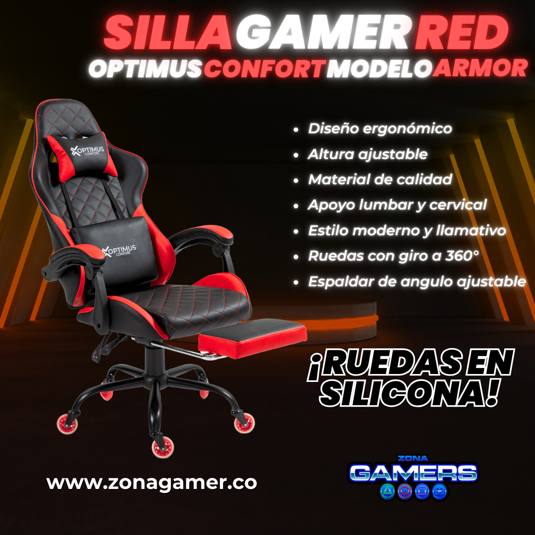 Silla Gamer ARMOR-1127F Red con reposapiés y ruedas en silicona