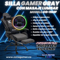 Silla Gamer Gray + masajeador lumbar, tapizada en tela con reposapiés y ruedas en silicona