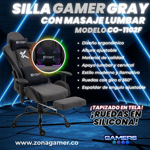 Silla Gamer Gray + masajeador lumbar, tapizada en tela con reposapiés y ruedas en silicona
