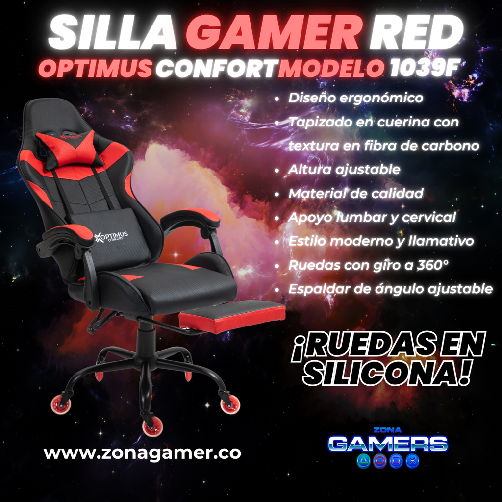 Silla Gamer 1039F Red con reposapiés y ruedas en silicona