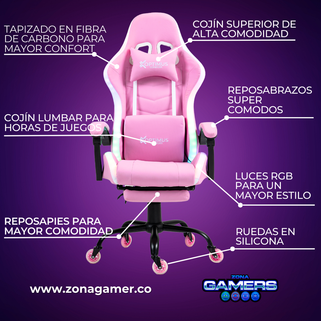 Silla gamer DX-1039F Pink con luces RGB + reposapiés y ruedas en silicona