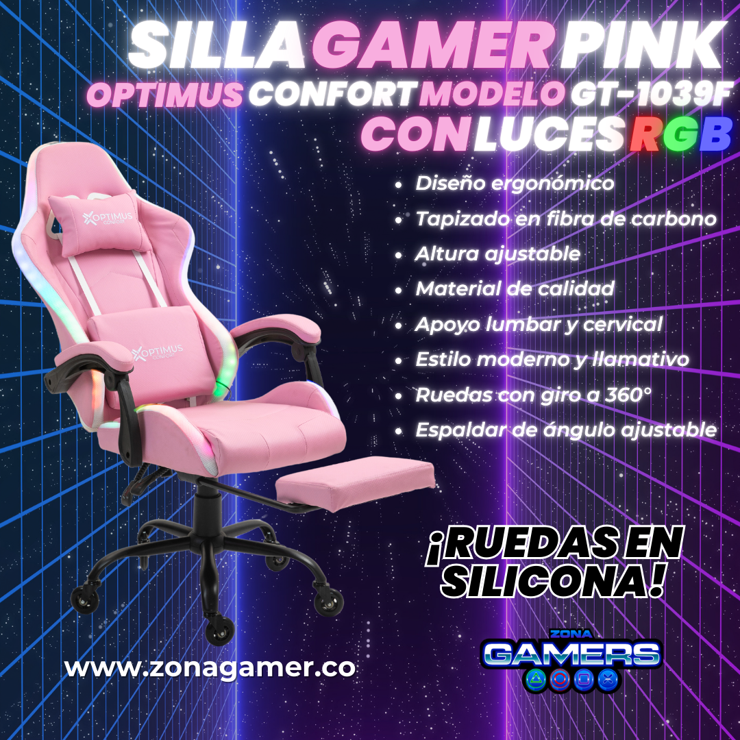 Silla gamer GT-1039F Pink con luces RGB + reposapiés y ruedas en silicona