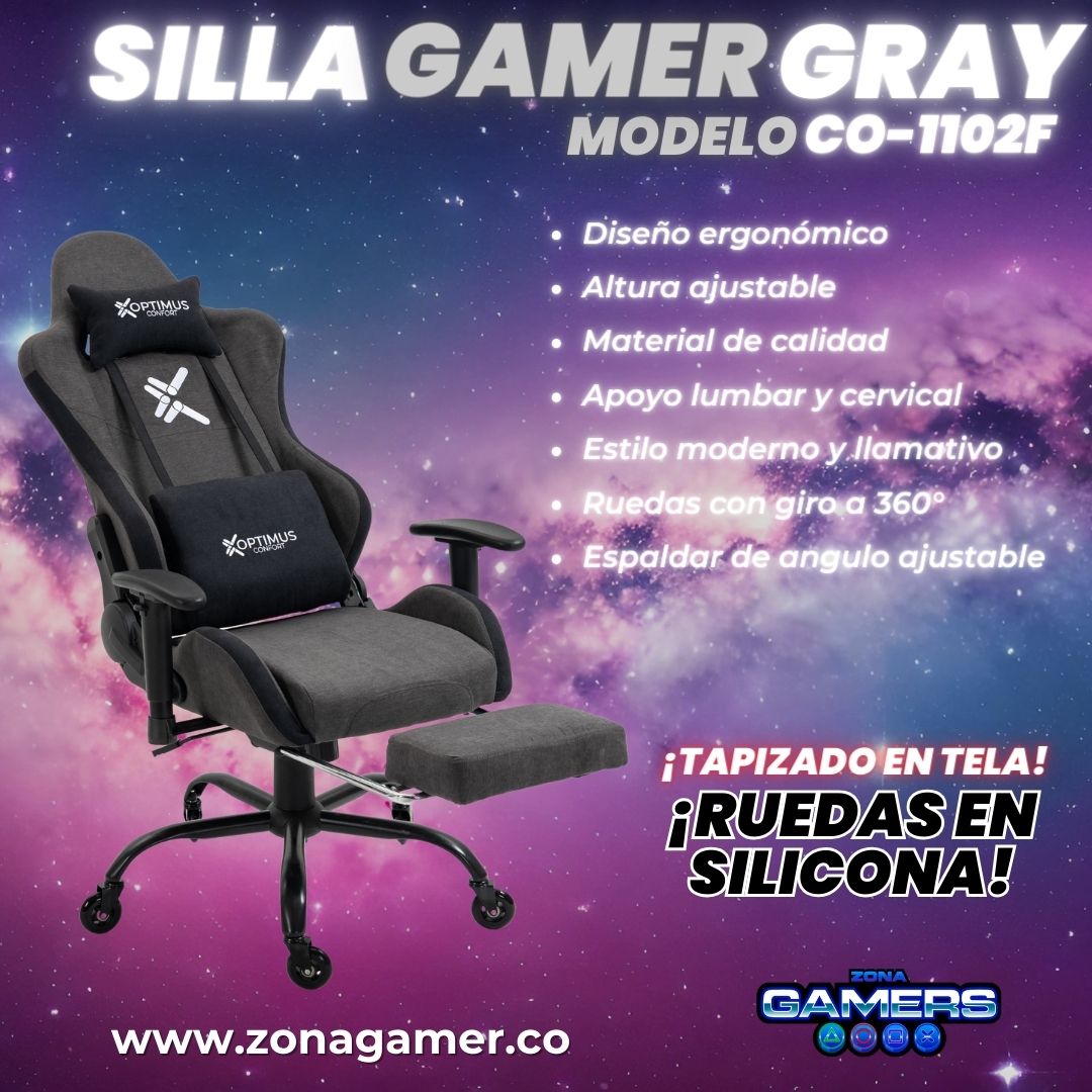 Silla Gamer CO-1102F Gray, tapizada en tela con reposapiés y ruedas en silicona