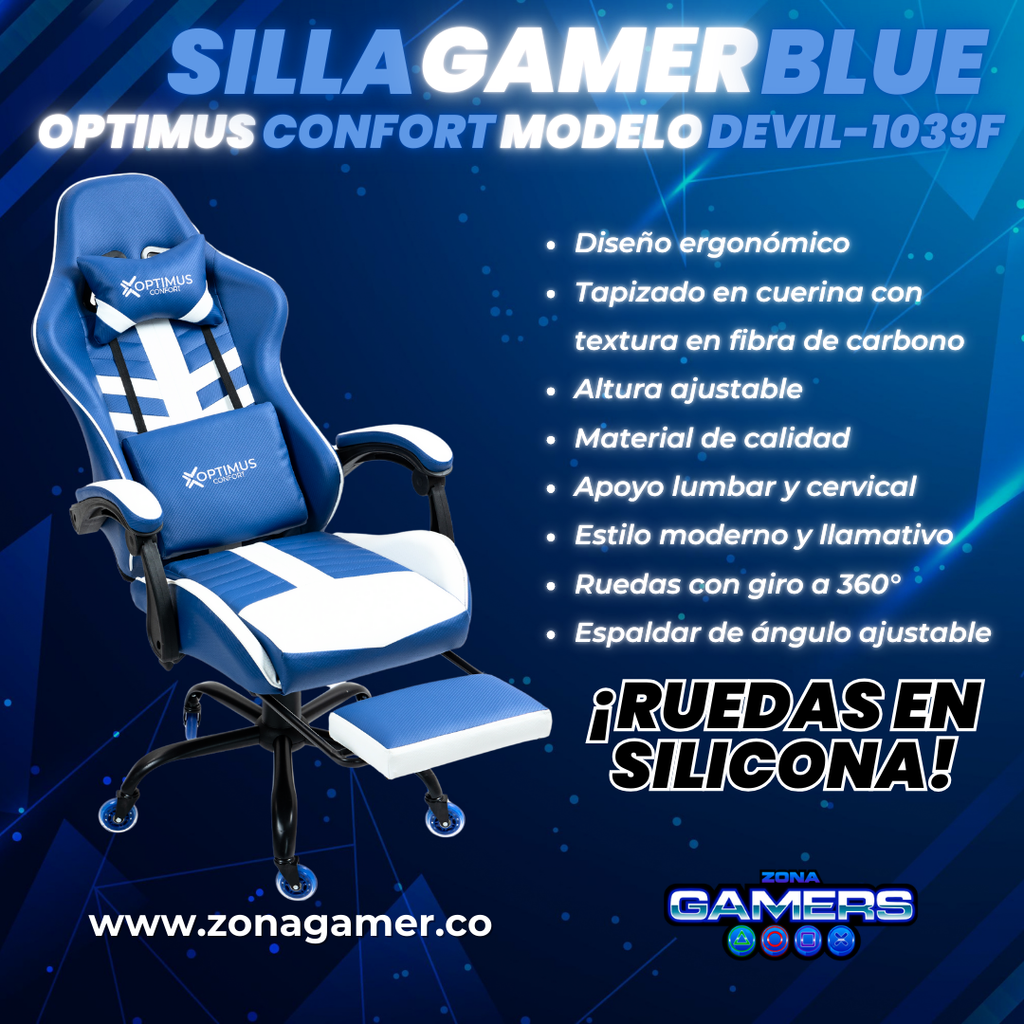 Silla Gamer Devil-1039F Blue con reposapiés y ruedas en silicona