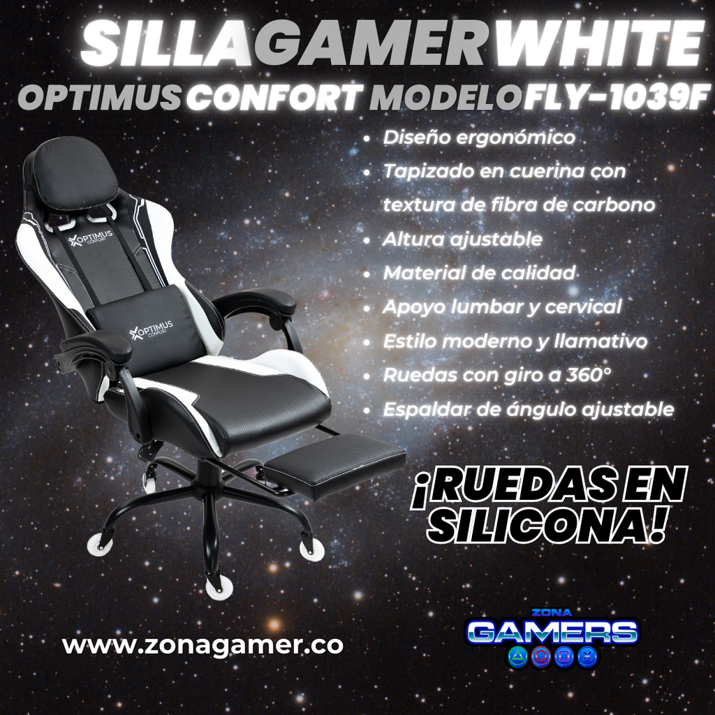 Silla Gamer Fly-1039F White con reposapiés y ruedas en silicona