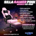 Silla Gamer CO-1102F Pink, tapizada en tela con reposapiés y ruedas en silicona