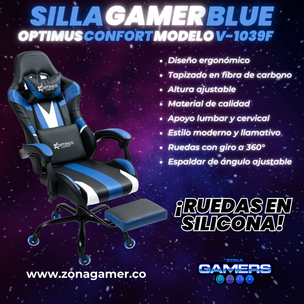 Silla Gamer V-1039F Blue con reposapiés y ruedas en silicona
