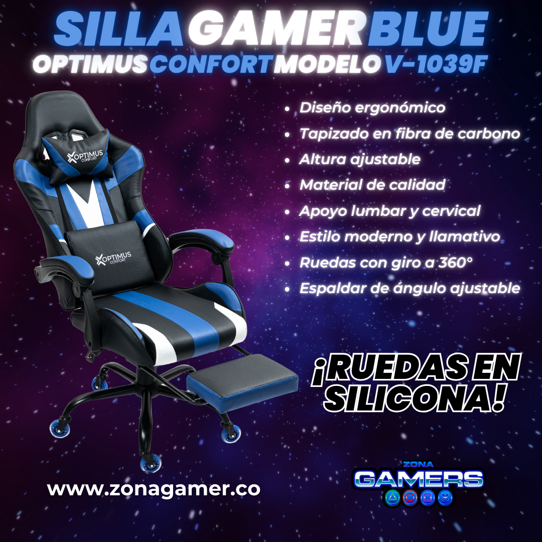 Silla Gamer V-1039F Blue con reposapiés y ruedas en silicona