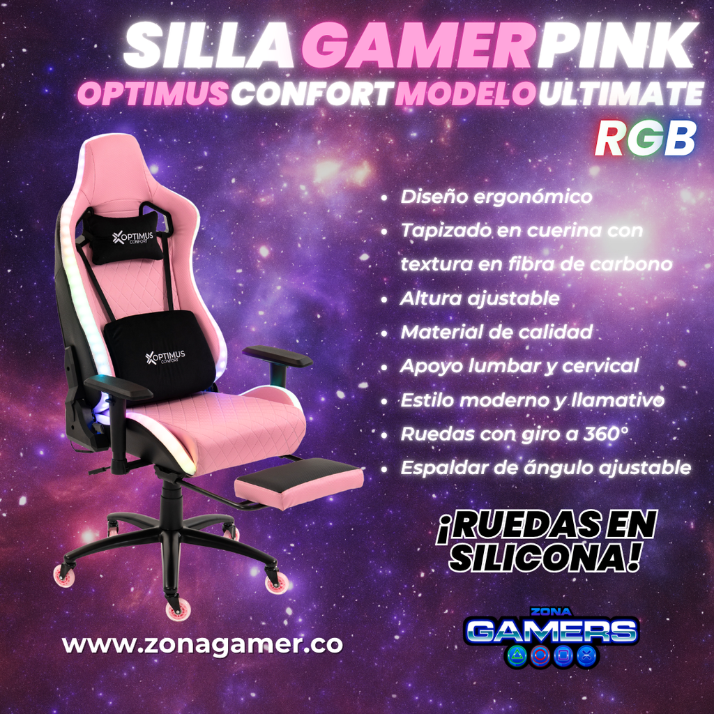 Silla gamer ULTIMATE Pink con luces RGB + reposapiés y ruedas en silicona