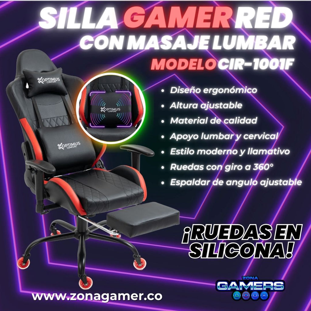 Silla Gamer CIR-1001F Red + masajeador lumbar con reposapiés y ruedas en silicona