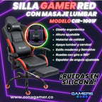 Silla Gamer CIR-1001F Red + masajeador lumbar con reposapiés y ruedas en silicona