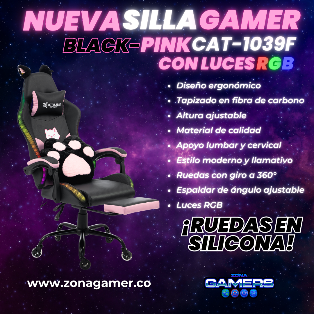 Silla Gamer Cat-1039F + RGB Black-Pink con reposapiés y ruedas en silicona.