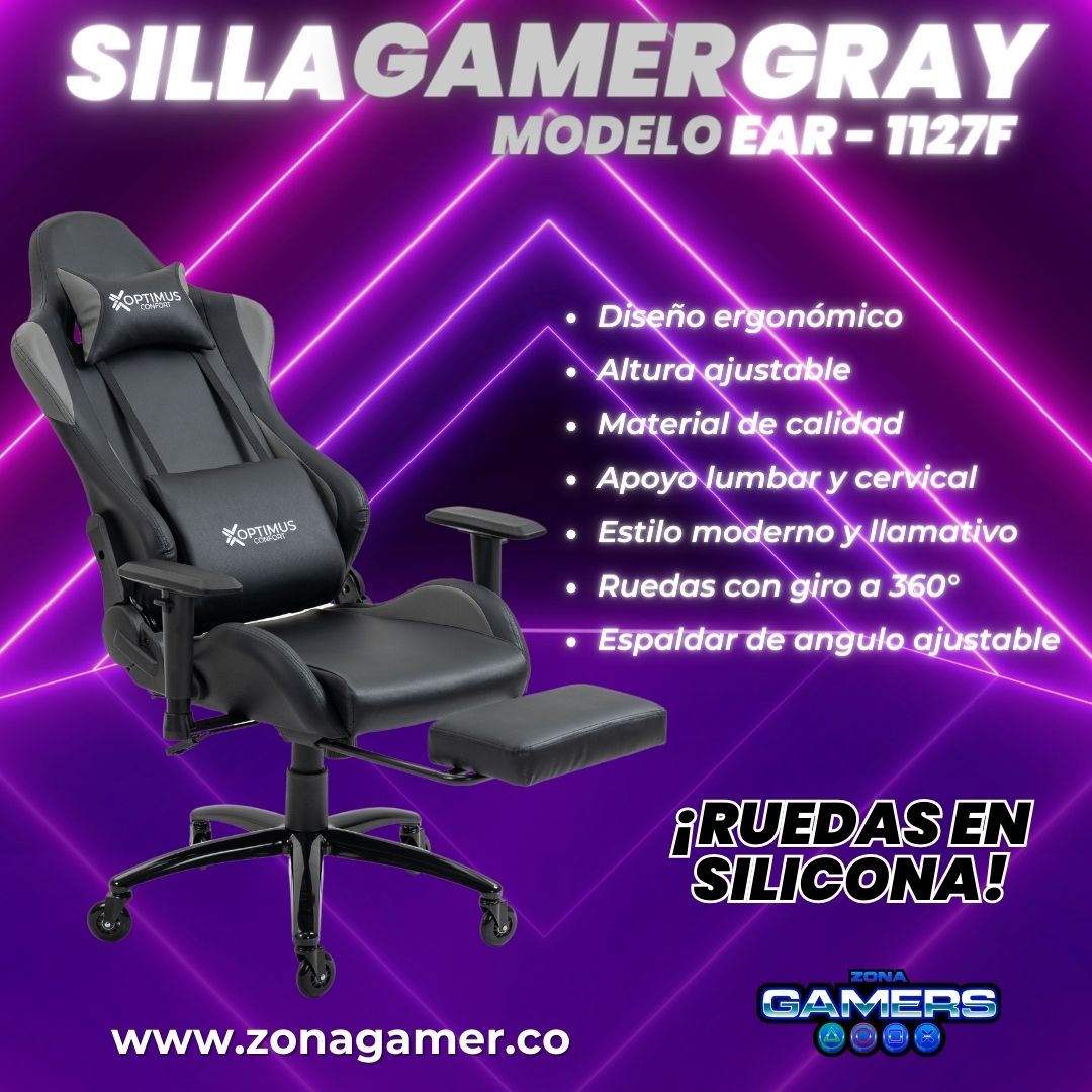 Silla gamer EAR-1127F Gray  + reposapies y ruedas en silicona