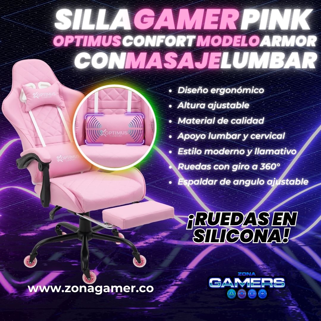 Silla Gamer ARMOR-1039F Pink + masajeador lumbar con reposapiés y ruedas en silicona