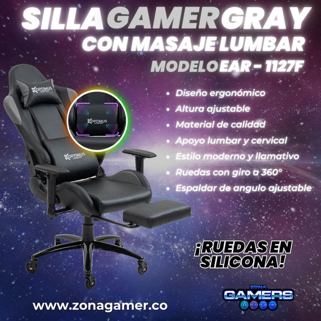 Silla Gamer EAR-1127F + masajeador lumbar con reposapiés incluido y ruedas en silicona