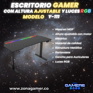 Escritorio Gamer Y-111, Con motor eléctrico y luces RGB