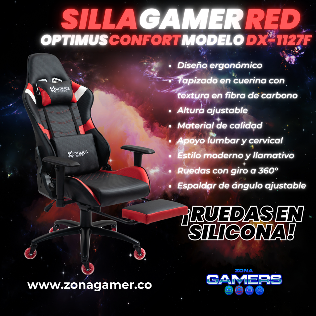 Silla Gamer DX-1127F Red con reposapiés y ruedas en silicona